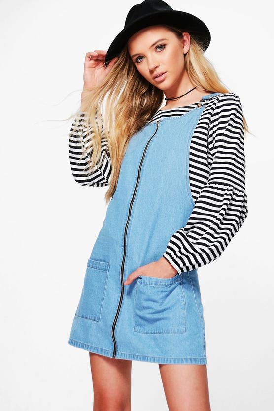 Laura Zip Through Patch Pocket Denim Pinafore Dress